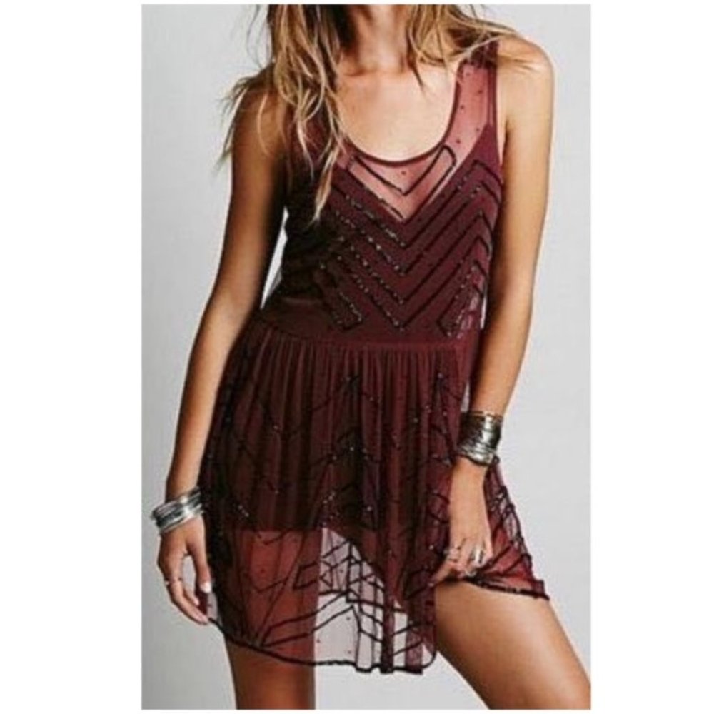 Free People Sheer Burgundy Beaded Overlay Dress